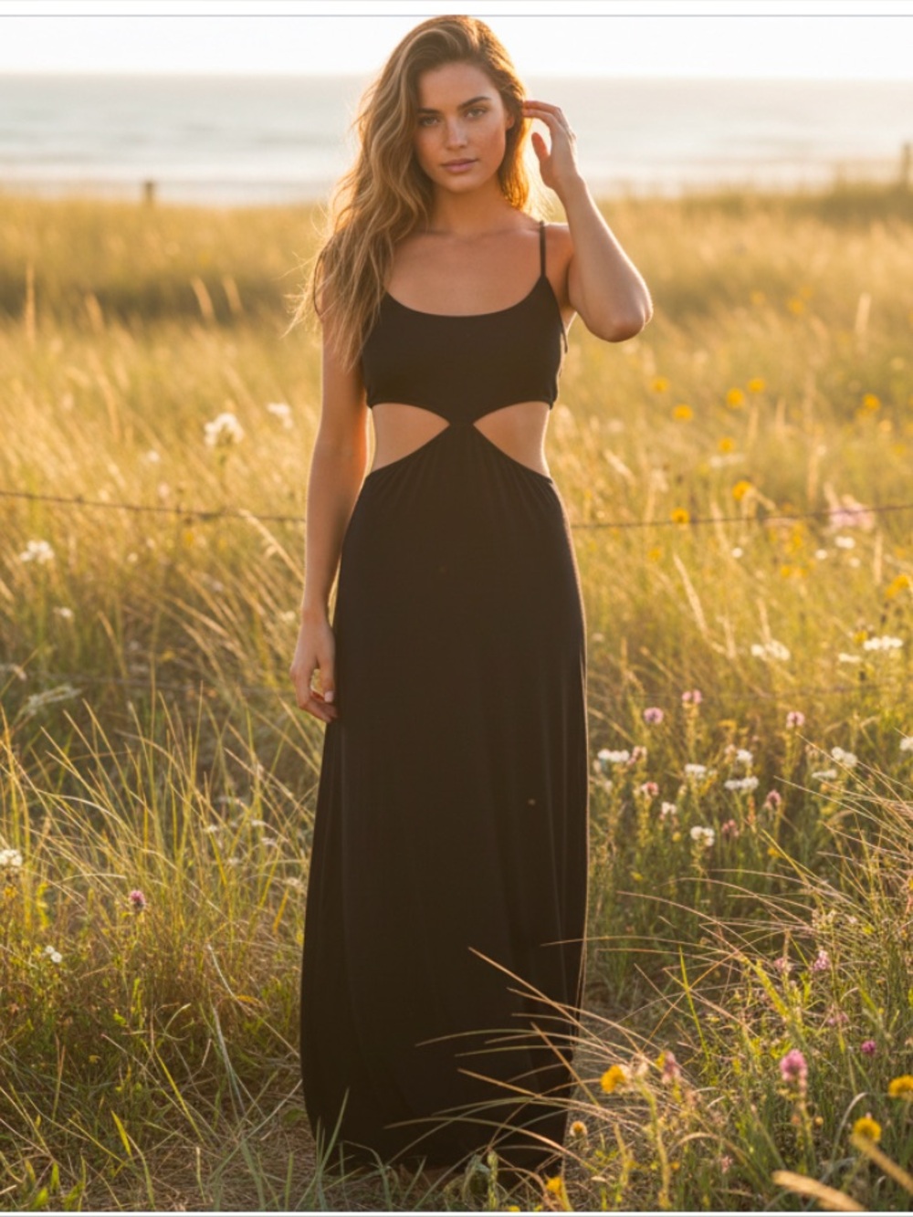 Free People Beach Black Cutout Maxi Dress SL Spaghetti Strap cutout front Boho
